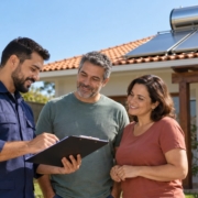 Técnico apresentando orçamento de conserto de aquecedor solar a um casal