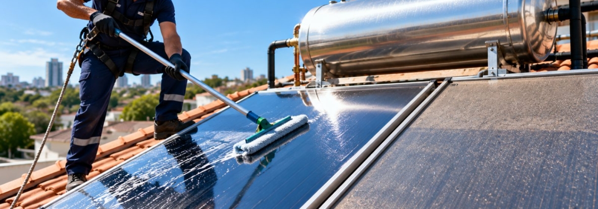 Técnico limpando o vidro dos coletores solares no telhado
