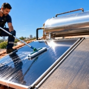 Técnico limpando o vidro dos coletores solares no telhado