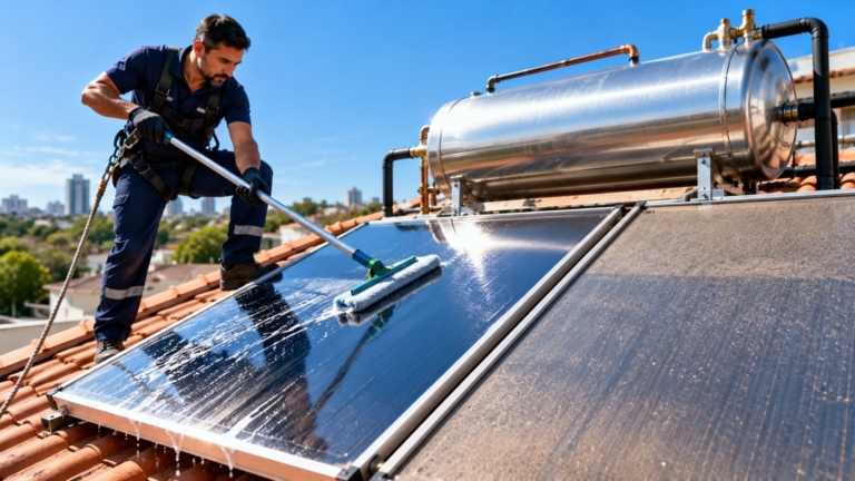 Técnico limpando as placas do aquecedor solar