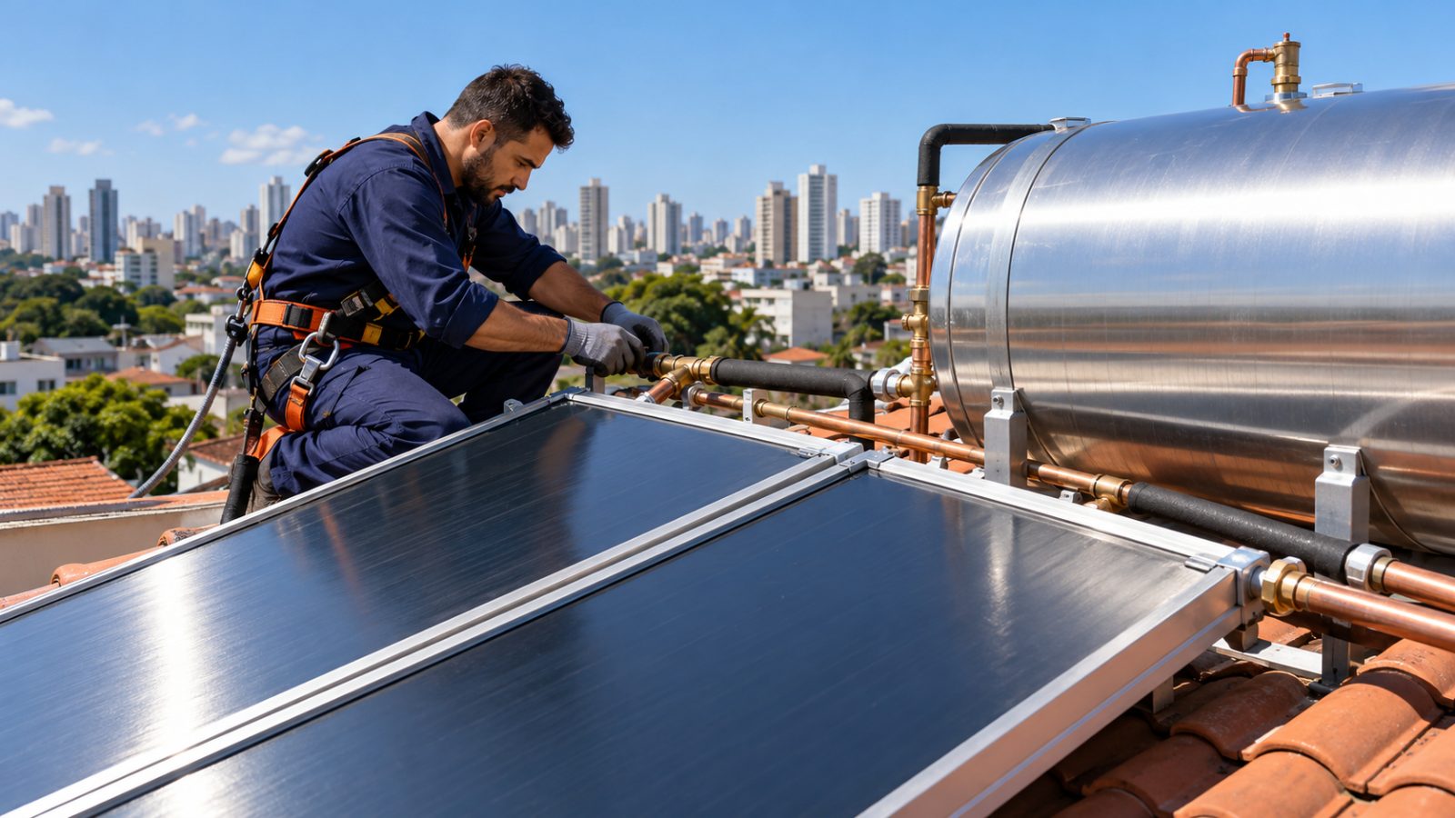 Técnico fazendo manutenção de aquecedor solar no telhado