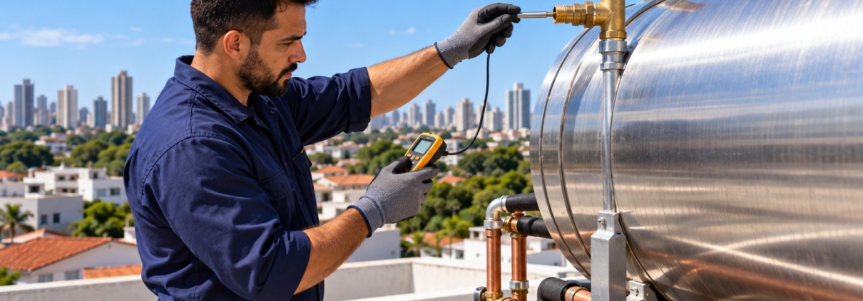 Técnico medindo a temperatura da água no reservatório térmico de aquecedor solar