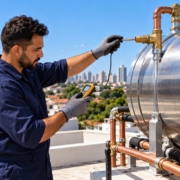 Técnico medindo a temperatura da água no reservatório térmico de aquecedor solar