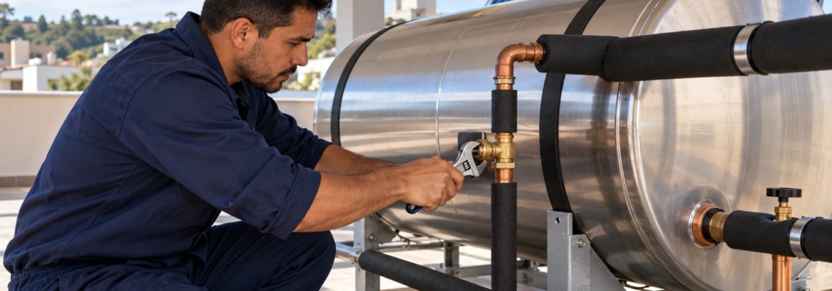 Técnico fazendo reparo em reservatório térmico de inox de aquecedor solar