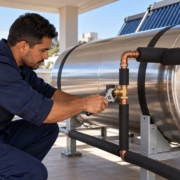 Técnico fazendo reparo em reservatório térmico de inox de aquecedor solar