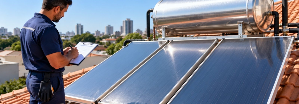 Técnico fazendo checklist de revisão de aquecedor solar no telhado