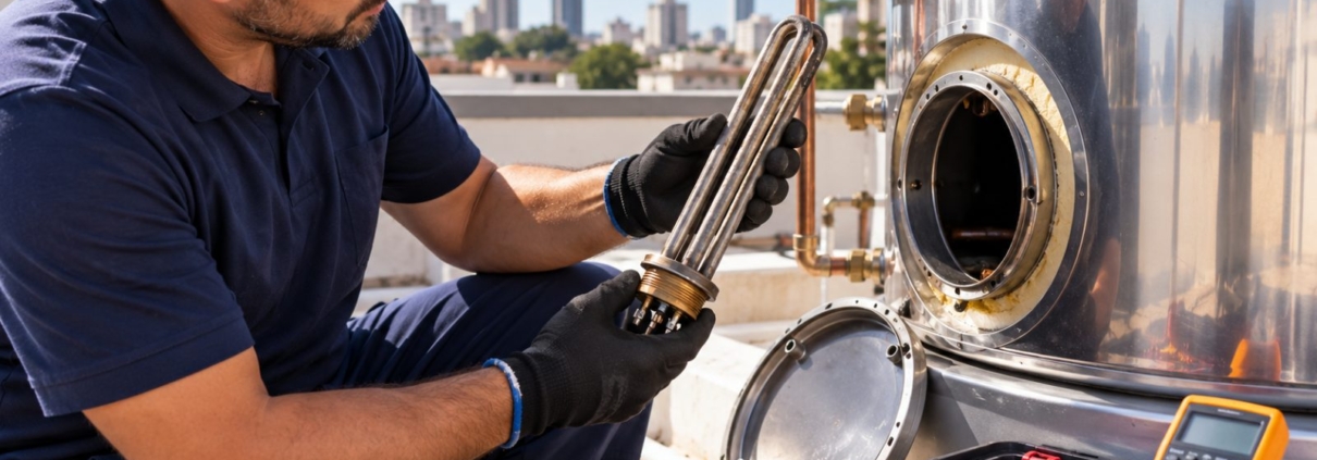 Técnico segurando a resistência elétrica retirada do reservatório térmico