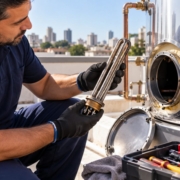 Técnico segurando a resistência elétrica retirada do reservatório térmico