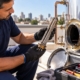 Técnico segurando a resistência elétrica retirada do reservatório térmico